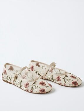 Zara Floral Embroidered Sheer Mary Jane Flats 37 6.5